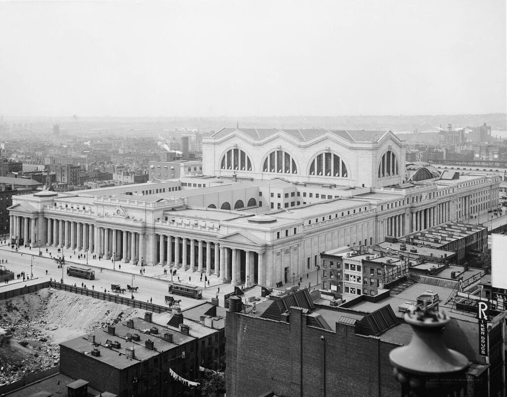 Monelยฎ 400: Serving Marine and Chemical Processing Industries for Over a Century 1 Aerial view of Pennsylvania Station from the NE in 1910s with Monel 400 roof_Detroit Publishing Co._Library of Congress's Prints and Photographs division