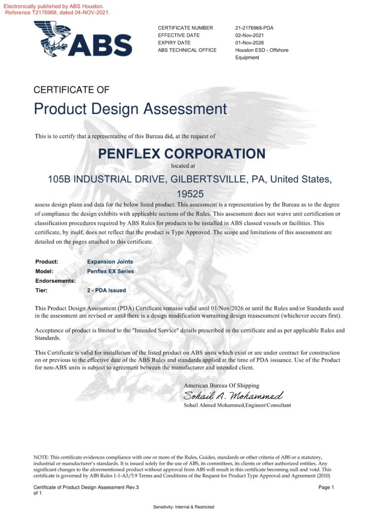 Penflex ABS PDA Certificate - Exhaust Expansion Joints