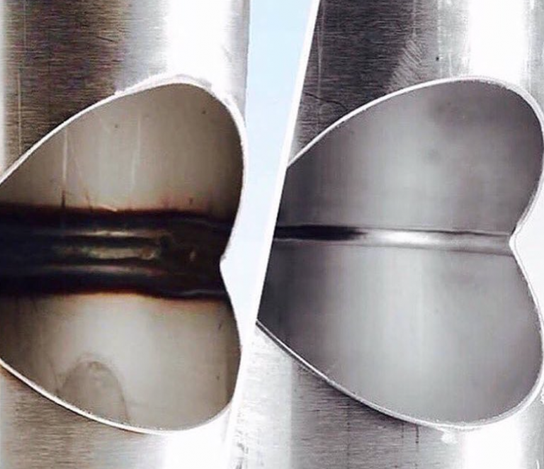 Differences in the quality of purged and unpurged welds can also be clearly seen when looking at the inside of the weld.Per the image below on left, sugaring is a telltale sign of an unpurged weld. The uneven surface, caused by burn through, will trap bacteria, corrode and possibly crack prematurely. In sanitary applications, this is unacceptable. In contrast, the purged weld to the right shows no signs of burn through and exhibits a fully penetrated and consistent arc.